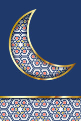 Muslim holiday greeting card template. Half moon crescent with traditional arabic islam art pattern.