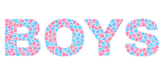 BOYS title constructed with scattered pink and blue lovely hearts. Text title is isolated on a white background. Vector collage BOYS for Valentine purposes.