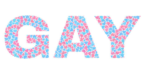 GAY text designed with scattered pink and blue lovely hearts. Text caption is isolated on a white background. Vector collage GAY for Valentine purposes.