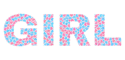 GIRL text constructed with random pink and blue lovely hearts. Text label is isolated on a white background. Vector collage GIRL for Valentine illustrations.