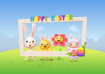 Happy cute bunny chicken flower and lamb celebrate Easter with social network photo frame - spring landscape background
