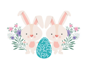 easter bunnies with flowers isolated icon