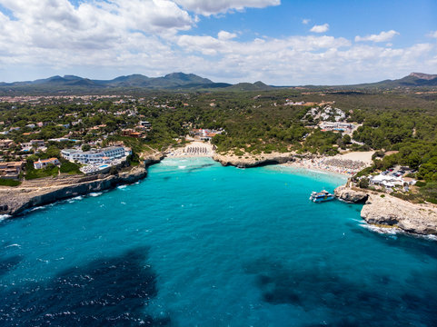 Spain, Baleares, Mallorca, Porto Colom, Aerial view of Cala Tropicana and Cala Domingo