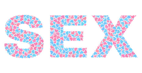 SEX tag constructed with scattered pink and blue lovely hearts. Text tag is isolated on a white background. Vector collage SEX for Valentine illustrations.