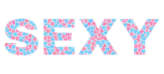 SEXY text designed with scattered pink and blue lovely hearts. Text caption is isolated on a white background. Vector collage SEXY for Valentine illustrations.