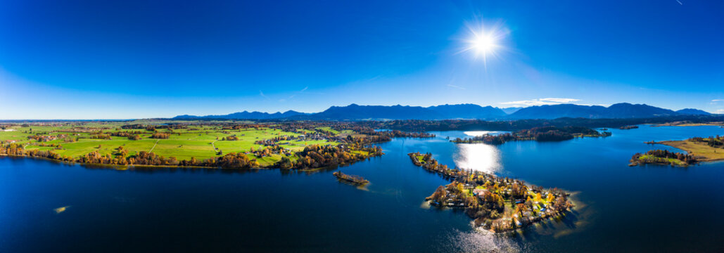 Germany, Bavaria, East Allgaeu, Garmisch-Partenkirchen district, Alpine Foreland, Aerial view of Staffelsee lake with islands