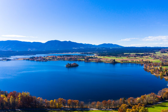 Germany, Bavaria, East Allgaeu, Garmisch-Partenkirchen district, Alpine Foreland, Aerial view of Staffelsee lake with islands