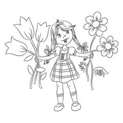 girl with flowers, vector illustration, black and white contour.