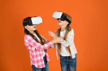 Friends interact in vr. Explore alternative reality. Future is present. Cyber space and virtual gaming. Virtual reality technology. Discover virtual reality. Kids girls play virtual reality game