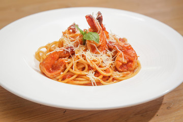 A portion of creamy seafood pasta 