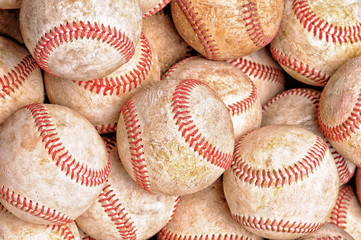 High angle shot of a pile of old used baseballs, tp view, high, angle, overhead,