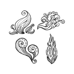 Illustration with four abstract nature elements. Fire, air, smoke. Isolated drawn signs.