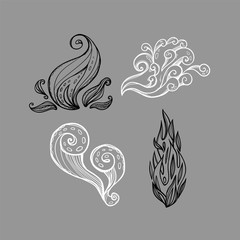 Illustration with four abstract nature elements. Fire, air, smoke. Isolated drawn signs.