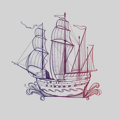 Illustration with a ship, sailboat. Beautiful graphics element. Vintage drawing. The seagoing vessel in the ocean with waves.