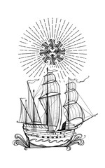 Illustration with a ship, sailboat. Beautiful graphics element. Vintage drawing. The seagoing vessel in the ocean with waves.