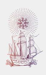 Illustration with a ship, sailboat. Beautiful graphics element. Vintage drawing. The seagoing vessel in the ocean with waves.