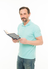 Man mature bearded hold book isolated white background. Useful information. Self education. Home education and self improvement. Education for adult. Confidence and intelligence. Never too late study
