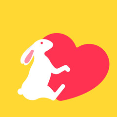 Happy bunny hugging a heart in flat style for greeting card