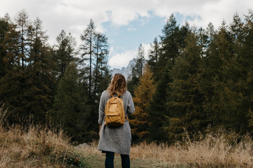 Switzerland, Engadin, woman on a hiking trip in forest