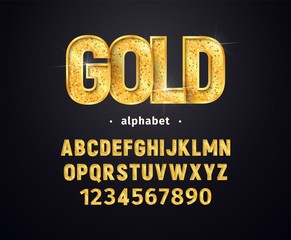 Vector golden alphabet. Set of gold letters and numbers isolated design elements. Collection of shiny luxury font