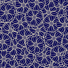 Vector floral pattern texture of overlapping flowers in nave blue and yellow. Elegant modern print for fabric, home decor, scrapbooking projects.