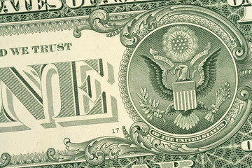Part of one dollar bill background, back side. High resolution photo close-up macro.