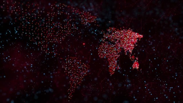Red colored digital world map dots animation on black background.
