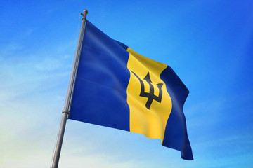 Barbados flag waving on the blue sky 3D illustration