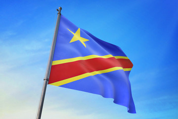 Congo flag waving on the blue sky 3D illustration