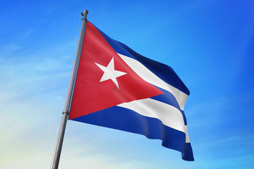 Cuba flag waving on the blue sky 3D illustration