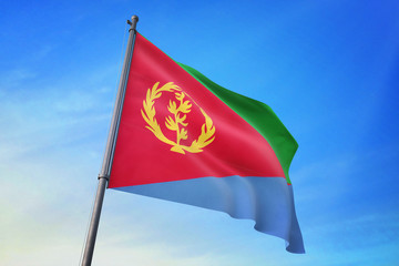 Fototapeta na wymiar Eritrea flag waving on the blue sky 3D illustration
