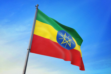 Ethiopia flag waving on the blue sky 3D illustration