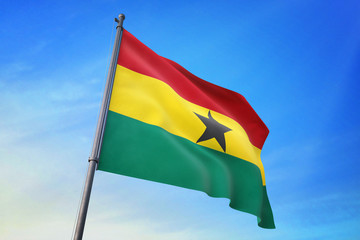 Ghana flag waving on the blue sky 3D illustration