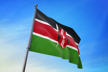 Kenya flag waving on the blue sky 3D illustration