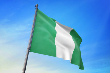 Nigeria flag waving on the blue sky 3D illustration