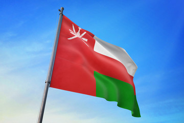 Oman flag waving on the blue sky 3D illustration