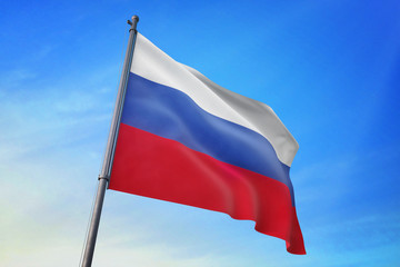 Russia flag waving on the blue sky 3D illustration