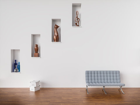 Sculptures in white wall with couch on wooden floor- 3D Rendering