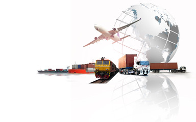 Fototapeta na wymiar Abstract image of the world logistics, there are world map background and container truck, ship in port and airplane
