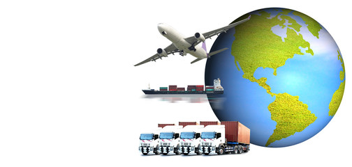 Fototapeta premium Abstract image of the world logistics, there are world map background and container truck, ship in port , airplane