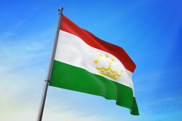 Tajikistan flag waving on the blue sky 3D illustration