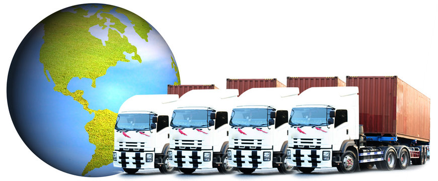 Abstract image of the world logistics, there are world map background and container truck