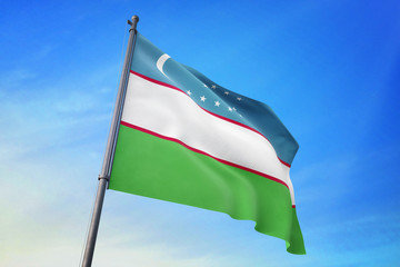 Uzbekistan flag waving on the blue sky 3D illustration