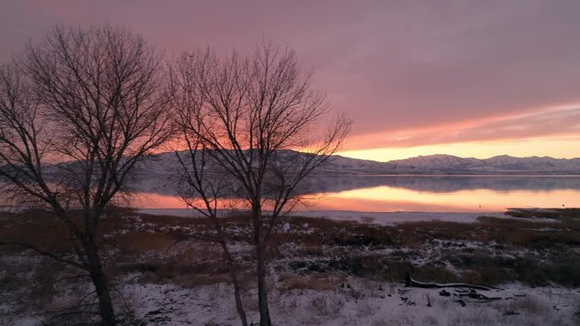 Panning view of winter landscape at sunset past trees as sky is lit up with vibrant colors and snow covers the ground at Utah Lake.
