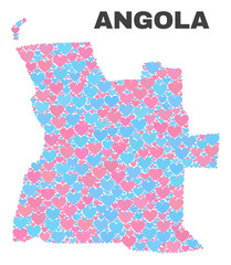 Mosaic Angola map of valentine hearts in pink and blue colors isolated on a white background. Lovely heart collage in shape of Angola map. Abstract design for Valentine decoration.