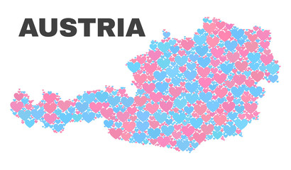 Mosaic Austria map of love hearts in pink and blue colors isolated on a white background. Lovely heart collage in shape of Austria map. Abstract design for Valentine illustrations.