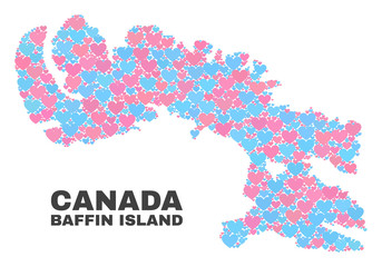 Mosaic Baffin Island map of lovely hearts in pink and blue colors isolated on a white background. Lovely heart collage in shape of Baffin Island map. Abstract design for Valentine decoration.