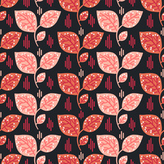 Vector seamless pattern on blackwith leaves and branch. Abstract background with floral elements. Natural design.