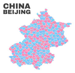 Mosaic Beijing City map of valentine hearts in pink and blue colors isolated on a white background. Lovely heart collage in shape of Beijing City map. Abstract design for Valentine illustrations.