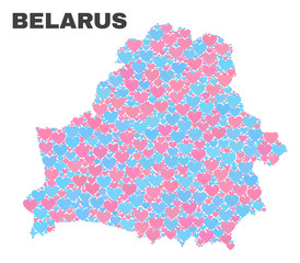 Mosaic Belarus map of lovely hearts in pink and blue colors isolated on a white background. Lovely heart collage in shape of Belarus map. Abstract design for Valentine illustrations.